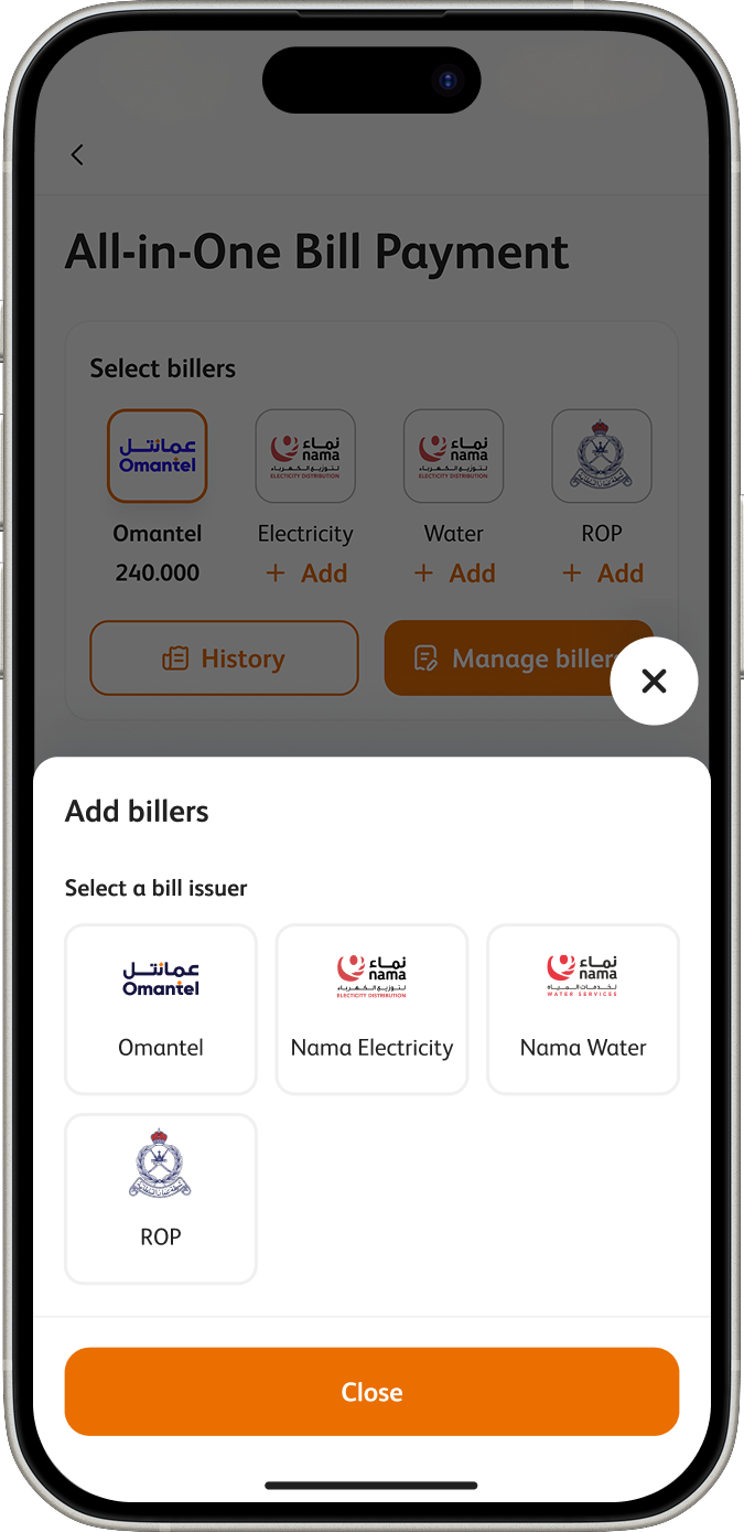 Add billers sheet: Omantel, Nama Electricity, Nama Water and ROP offered as bill issuers a customer can attach to the account.